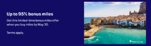 Banner image to buy United MileagePlus miles with up to an 95% bonus until May 30, 2025.