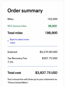 Price to buy 199,500 United miles after a 95% bonus for $3,837.75