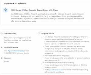Screenshot showing Chase Ultimate Rewards transfer bonus of 100% to IHG One Rewards