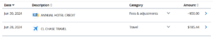 Screenshot of Chase Sapphire Preferred account transaction detail showing the hotel credit being applied two days after the qualifying transaction