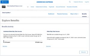 Screenshot from Amex website showing count of Delta Sky Club visits left for the year