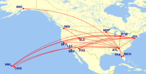 Map of all Delta domestic lay-flat routes for June 2025