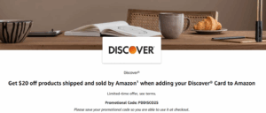 Screenshot of Amazon landing page for promotion to add a Discover card