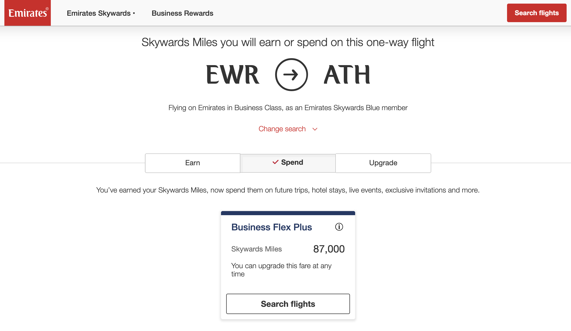 Emirates award calculator -- EWR to ATH.