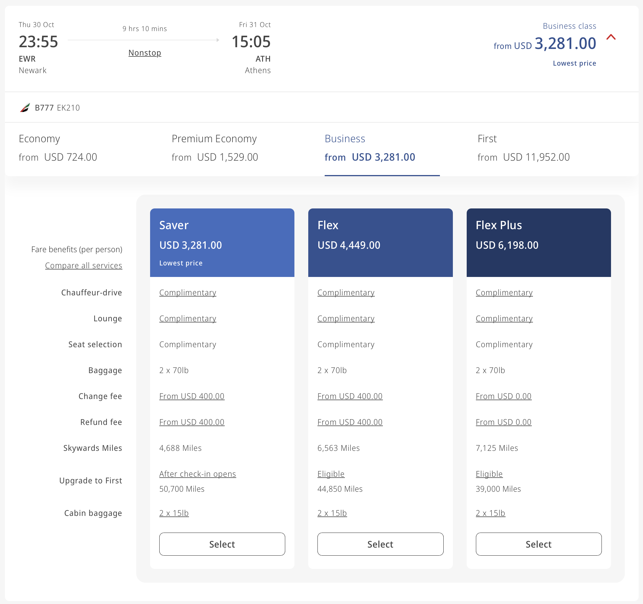 Emirates business class fare comparison for EWR to ATH