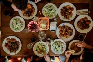 top down view of dinner plates at a restaurant