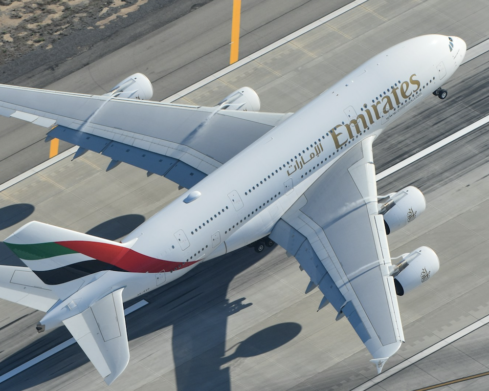Emirates A380 taking off from LAX.