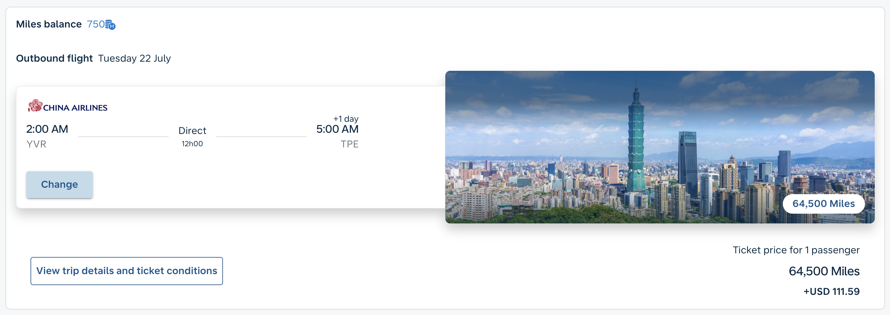 China Airlines business class award via Flying Blue