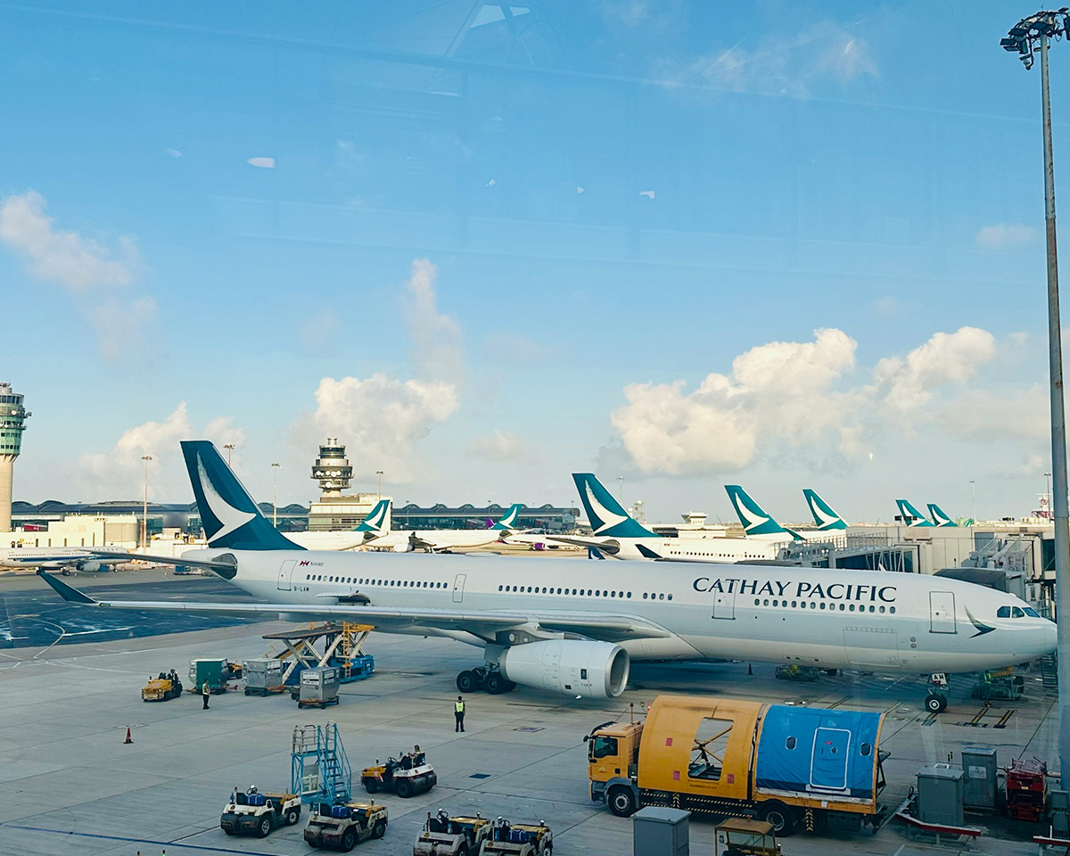 Cathay Pacific widebody jet at the gate