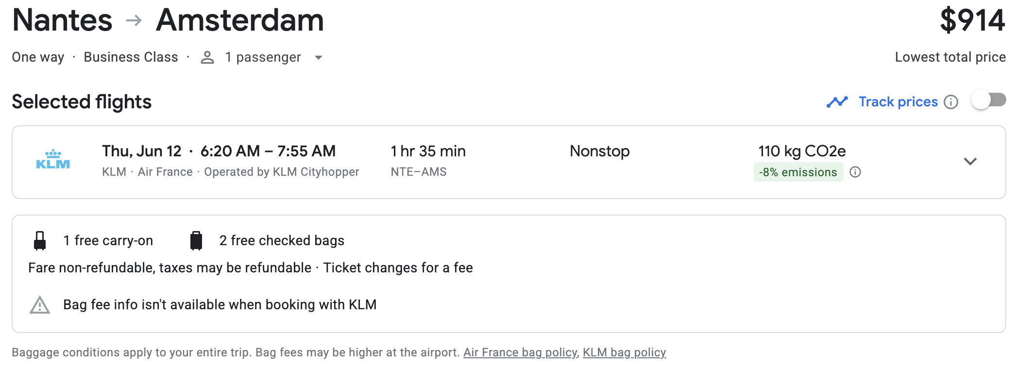 NTE to AMS via KLM.