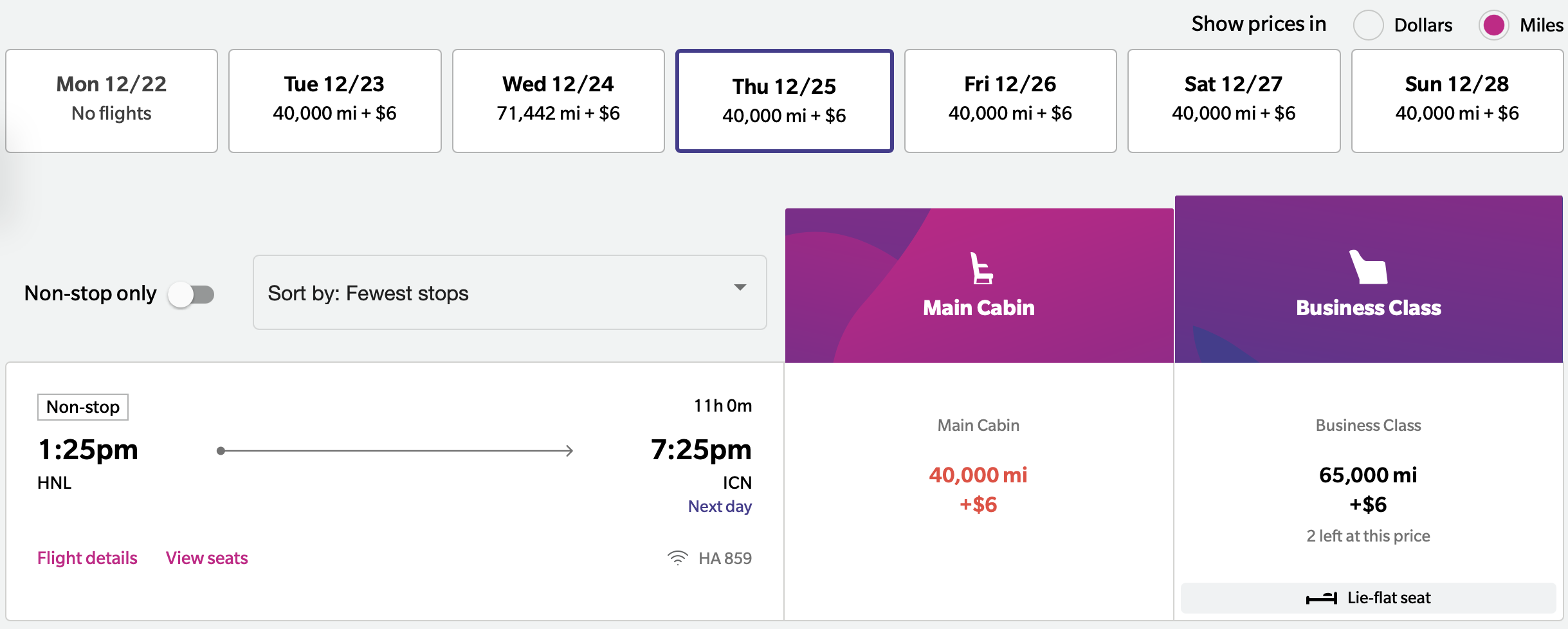 Hawaiian Airlines redemption from HNL to ICN