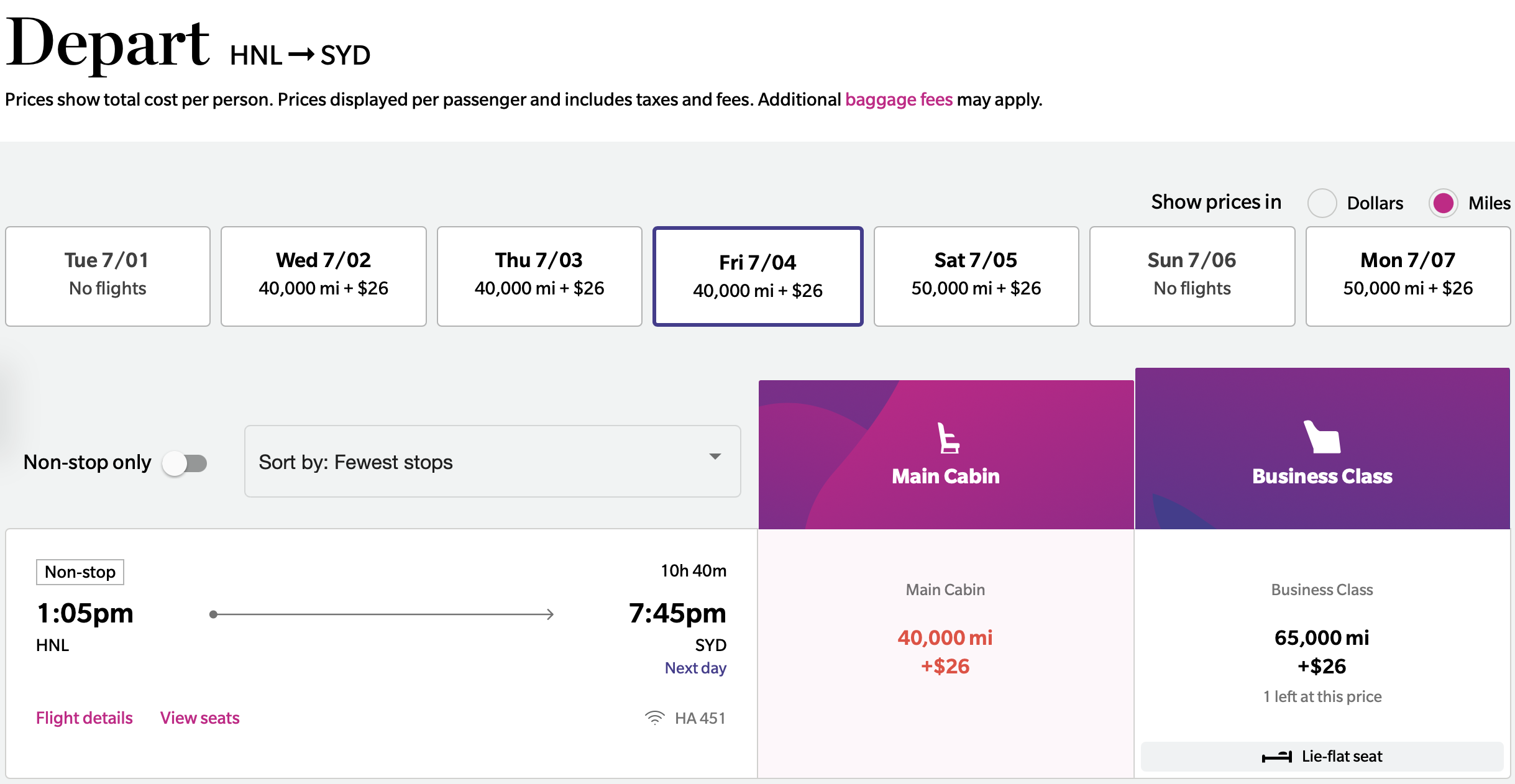 Hawaiian Airlines redemption from HNL to SYD