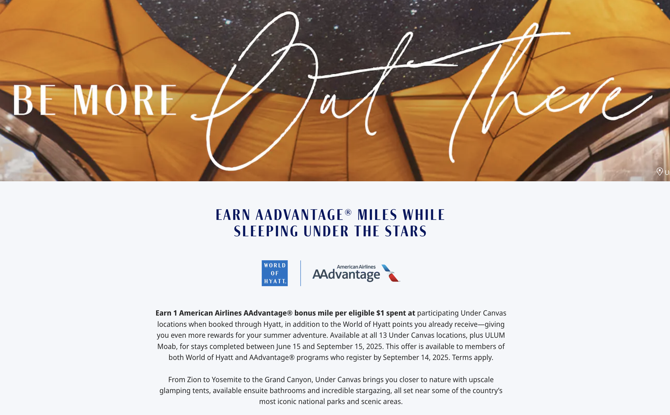 Hyatt Under Canvas/AA promotion banner.