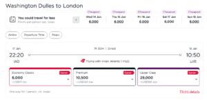 Screenshot of Virgin Atlantic award from Washington DC to London