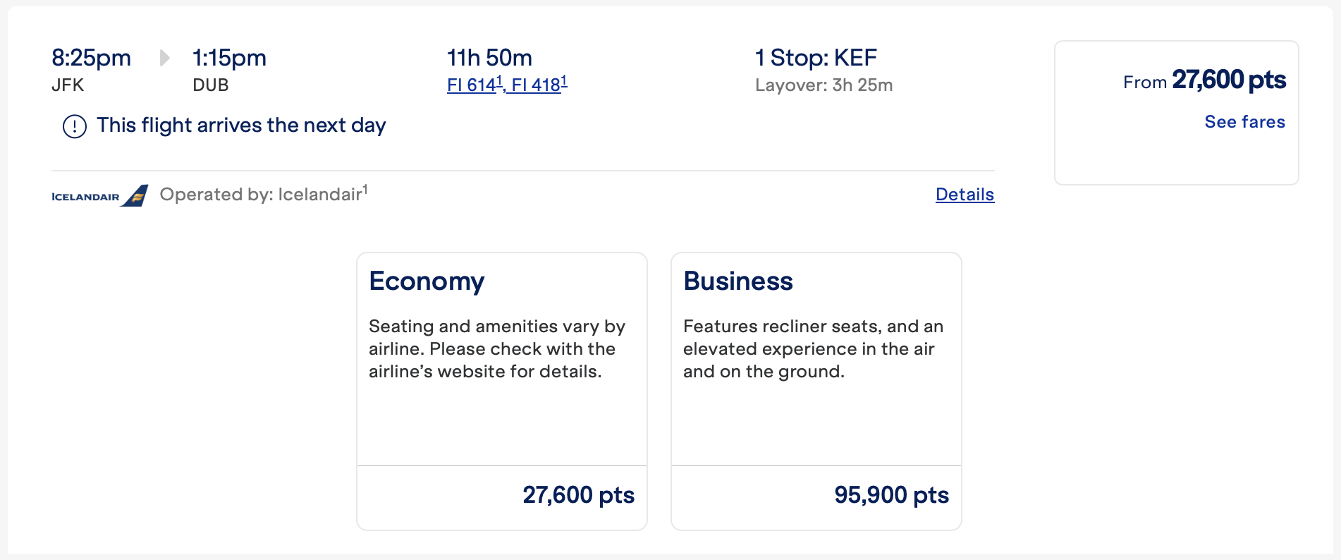 JetBlue award on Icelandair -- JFK to DUB