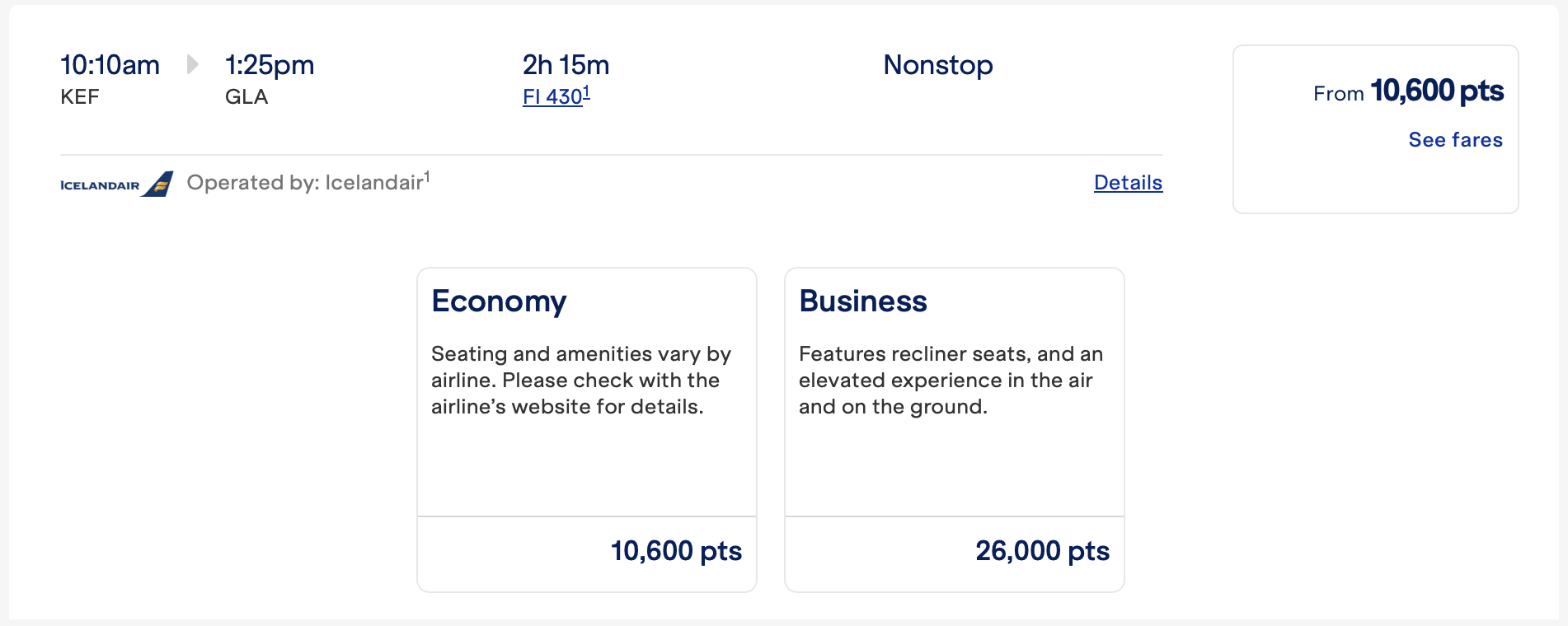 JetBlue award on Icelandair -- KEF to GLA
