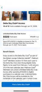 Screenshot of the Amex app showing the counter of Delta Sky Club visits left for the year