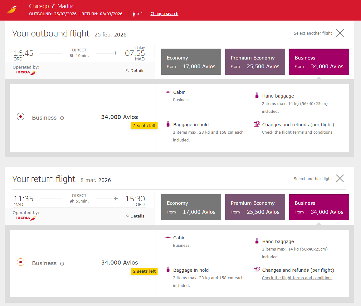 Iberia award search results from Chicago to Madrid using Avios