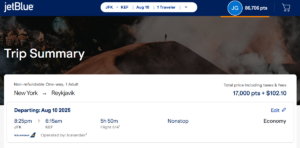 Screenshot showing JetBlue TrueBlue redemption from New York to Iceland on Icelandair