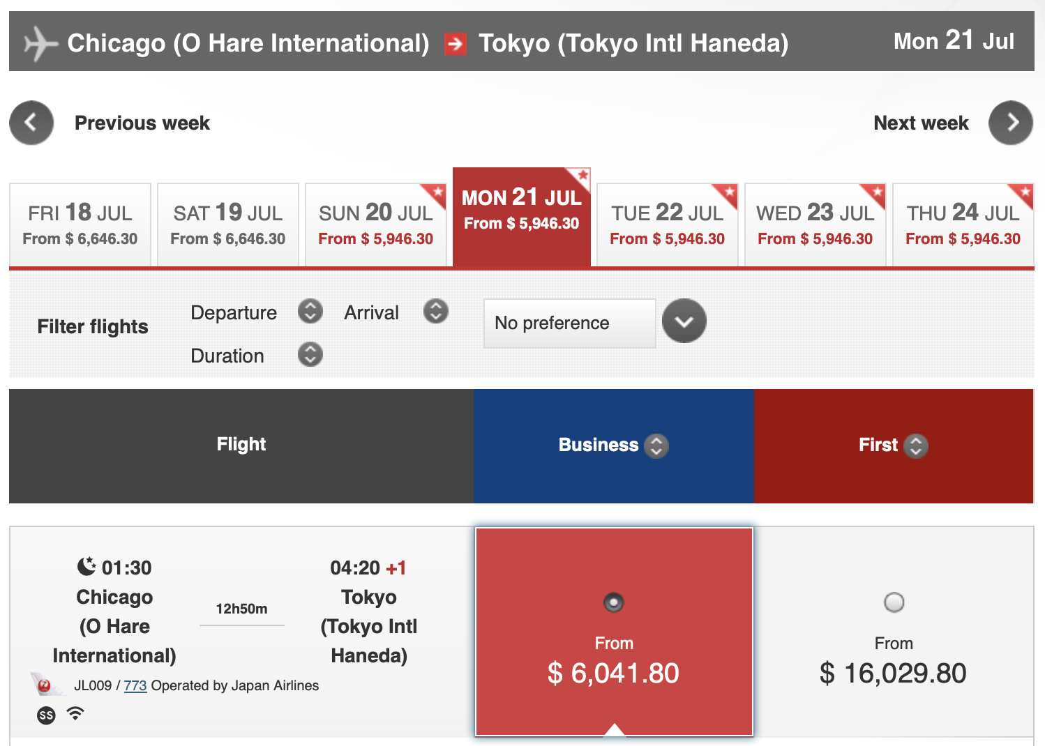 Japan Airlines business class fare.