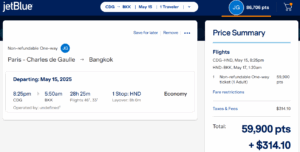 JetBlue award search results on JAL from Paris to Bangkok
