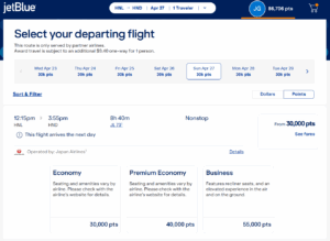JetBlue award search results on JAL from Honolulu to Tokyo