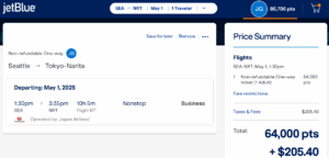 JetBlue award search results on JAL from Seattle to Tokyo