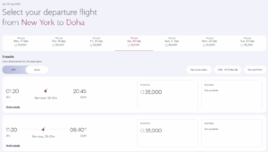 Qatar Avios award search results from New York to Doha