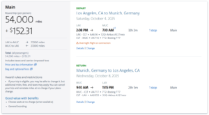Screenshot of AAdvantage award search results from Los Angeles to Munich