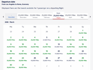 Flying Blue economy award calendar from Los Angeles to Rome