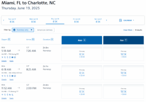 Screenshot showing AAdvantage award search results from Miami to Charlotte in lay-flat first class using AAdvantage miles