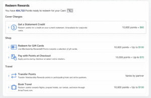Screenshot from American Express website showing all Membership Rewards redemption options