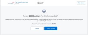 Screenshot of American Express confirmation of British Airways transfer