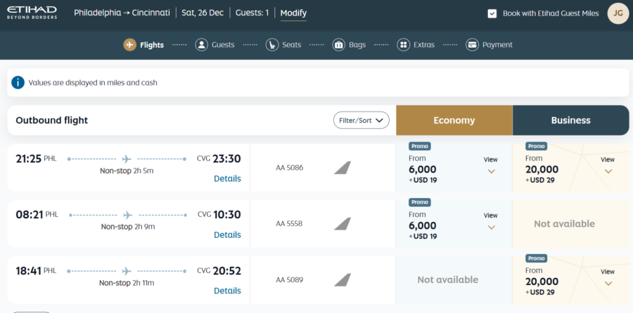 Etihad Guest award pricing from Philadelphia to Cincinnati