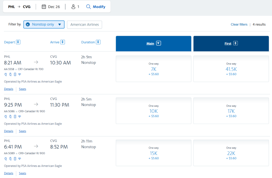 American Airlines AAdvantage award pricing from Philadelphia to Cincinnati
