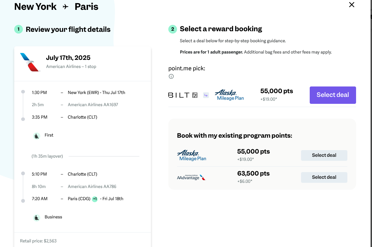 Point.me steps you through booking process and shows you available points to use.