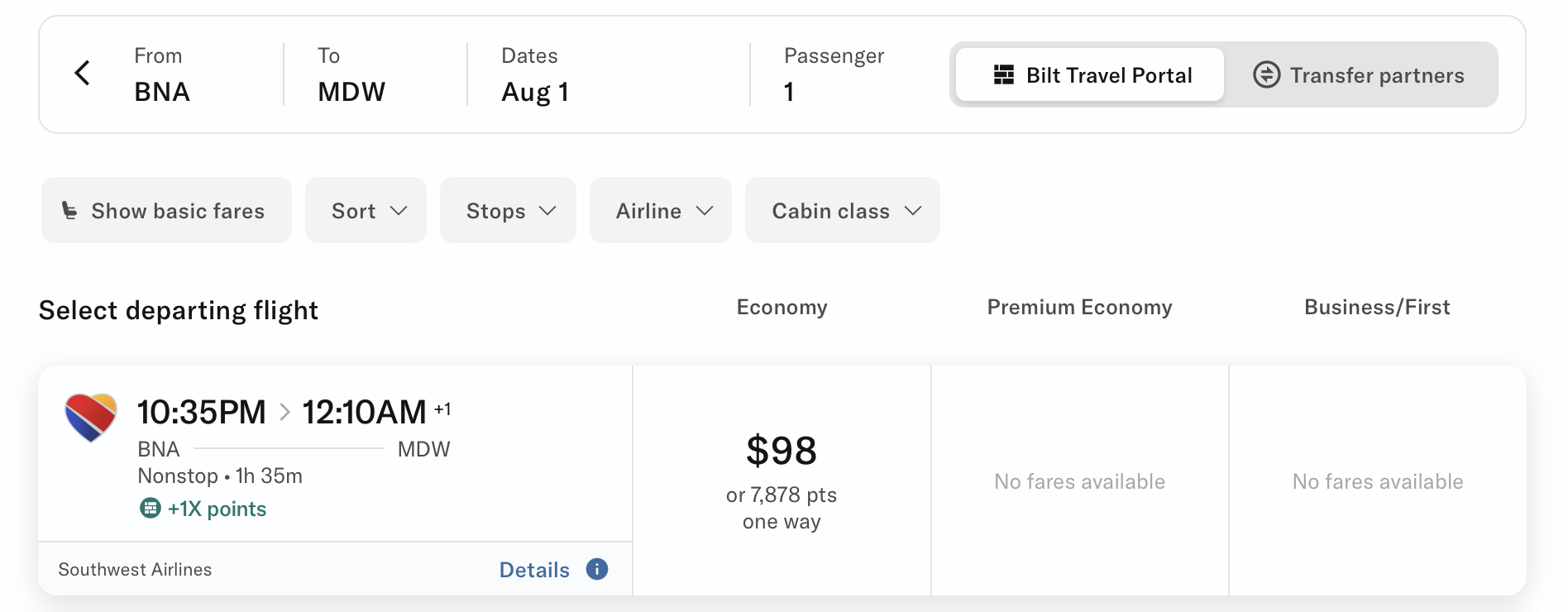 BNA to MDW available via Bilt Travel portal.