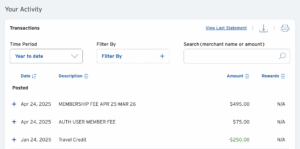 Screenshot of Citi Prestige website showing filters to see remaining annual travel credir
