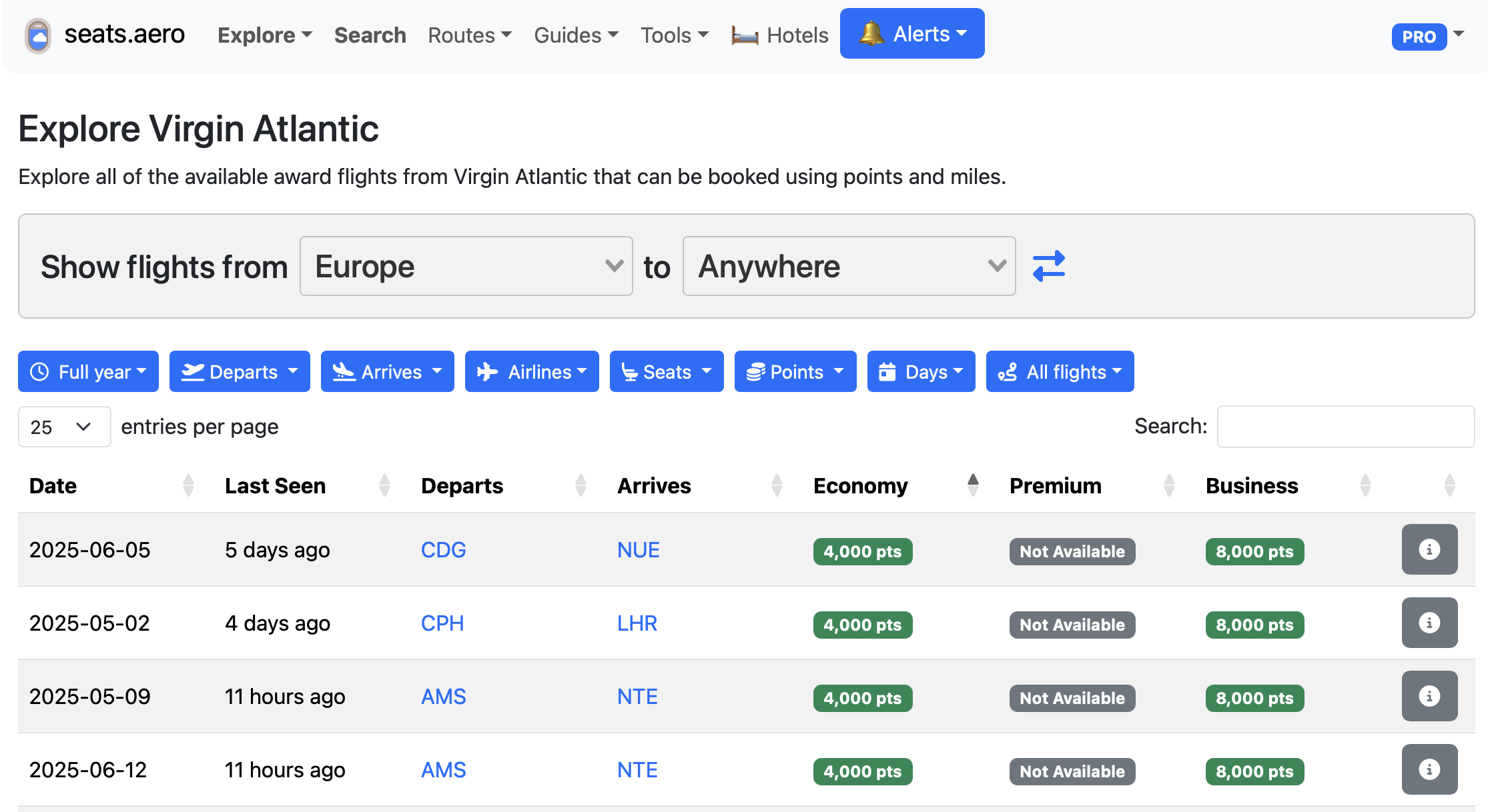 Seats.aero results for Virgin Atlantic.