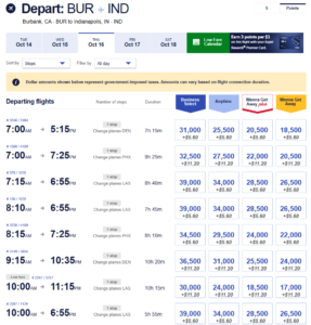 Southwest award search results from BUR to IND on October 16, 2025