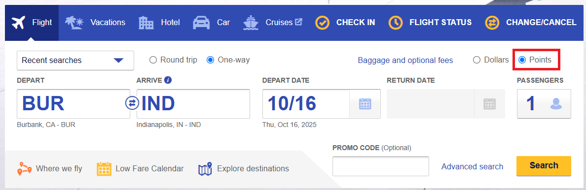 Southwest homepage award search BUR to IND