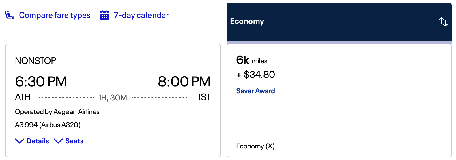 United award from ATH to IST operated by Aegean.
