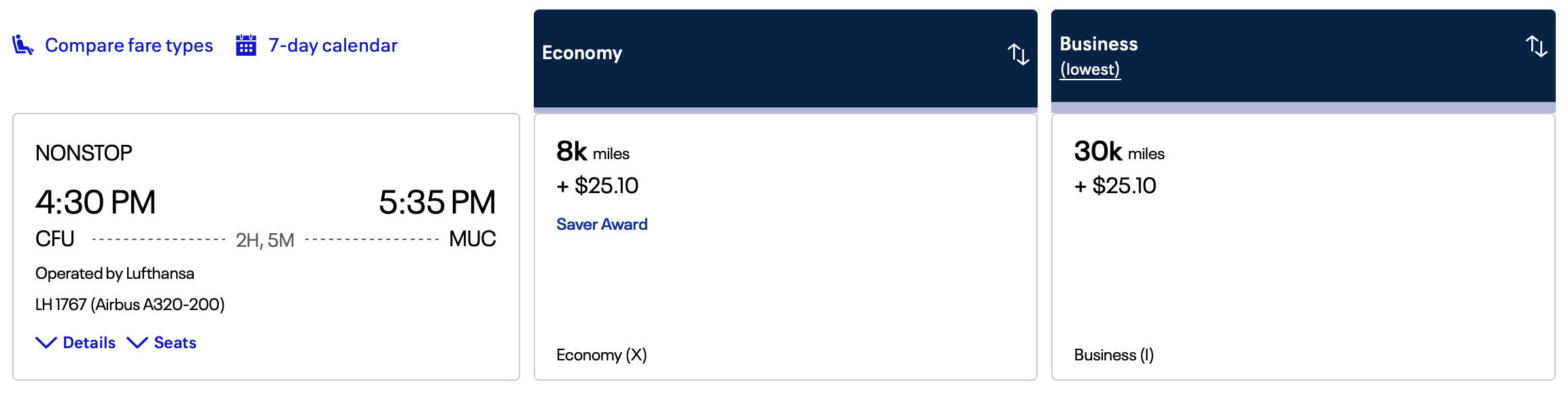 United award from CFU to MUC operated by Lufthansa.