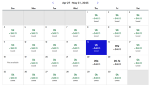 United award calendar showing award pricing from Newark to Monterrey, Mexico (MTY)