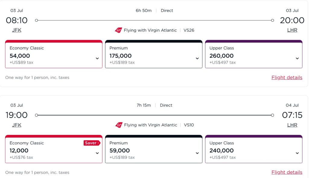 Booking Virgin Atlantic flights through Virgin Flying Club.