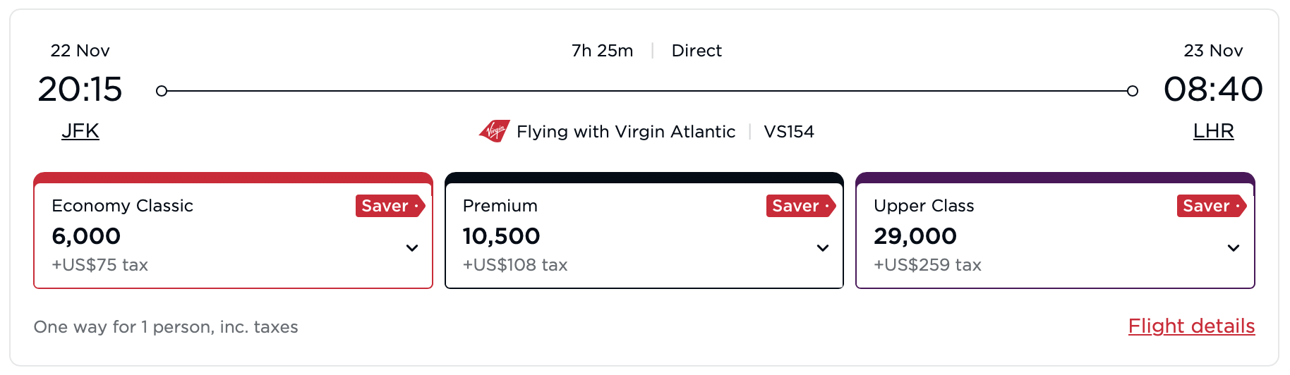 Virgin Atlantic awards from JFK to LHR.