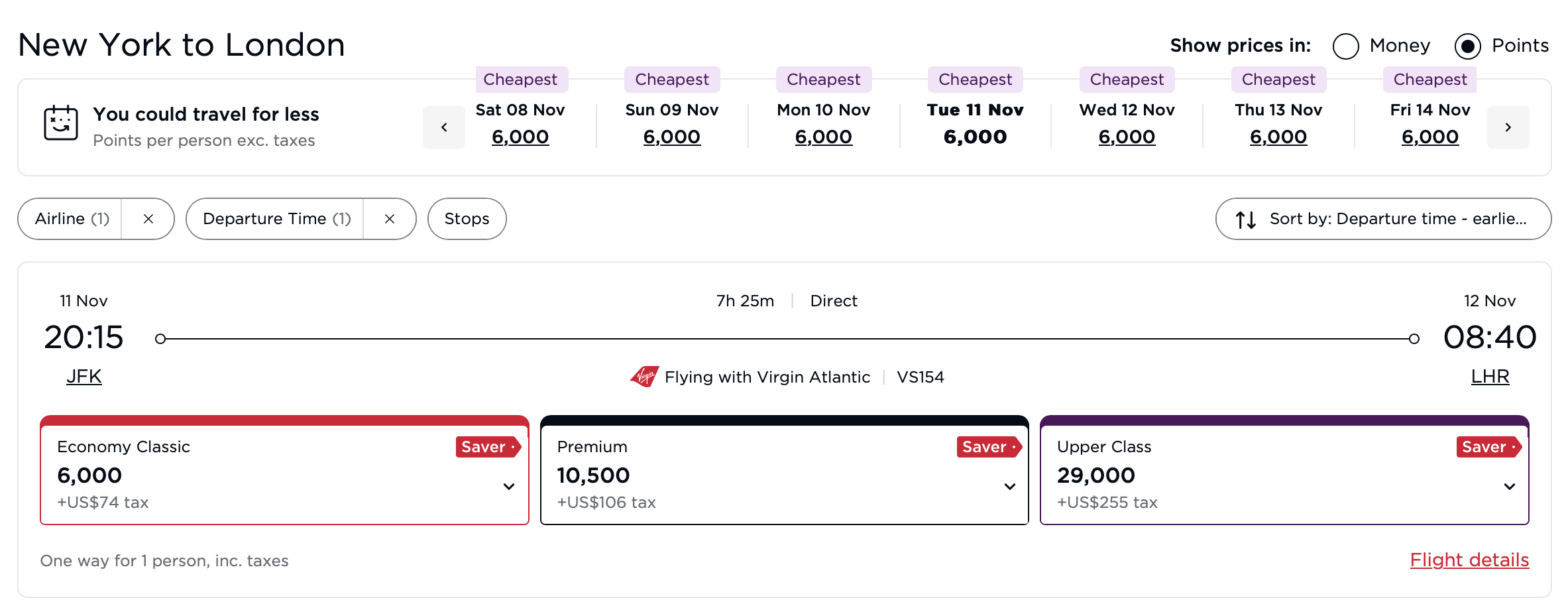 Virgin Atlantic award -- JFK to LHR