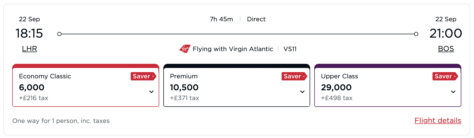 Virgin Atlantic awards from LHR to BOS.