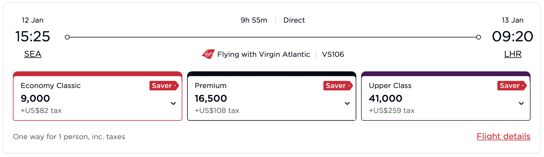 Virgin Atlantic awards from SEA to LHR.