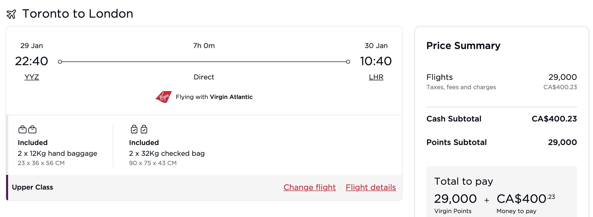 YYZ to LHR for 29k Virgin points.